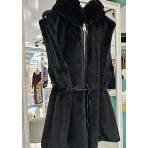 VATKATEX KAPÜŞONLU ANGORA YELEK - SİYAH - 2