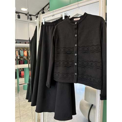 VATKATEX SÜET ETEKLİ TAKIM LAZER KESİM - SİYAH - 46