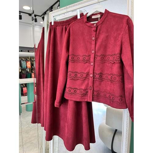 VATKATEX SÜET ETEKLİ TAKIM LAZER KESİM - BORDO - 40