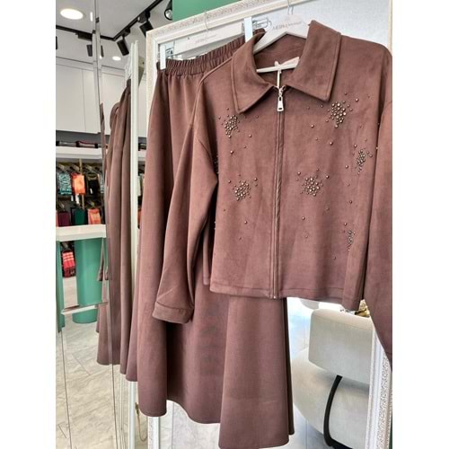 VATKATEX SÜET ETEKLİ TAKIM TAŞLI - KAHVERENGİ - 40