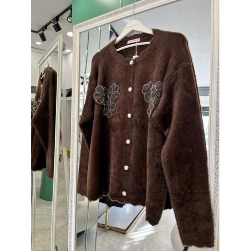 HATUN ANGORA İŞLEMELİ HIRKA (36-42 BEDEN UYUMLU) - ACI KAHVE - STANDART