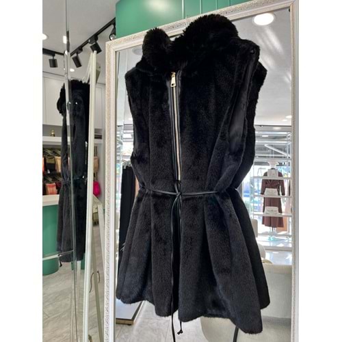VATKATEX KAPÜŞONLU ANGORA YELEK - SİYAH - 2