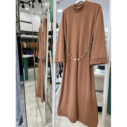 VATKATEX FİTİLLİ TRİKO ELBİSE - CAMEL - 38