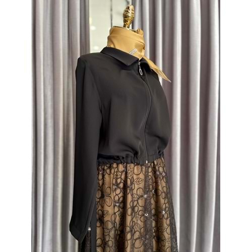 HALE ÇİÇEKLİ TÜLLÜ ETEKLİ TAKIM - SİYAH - 2