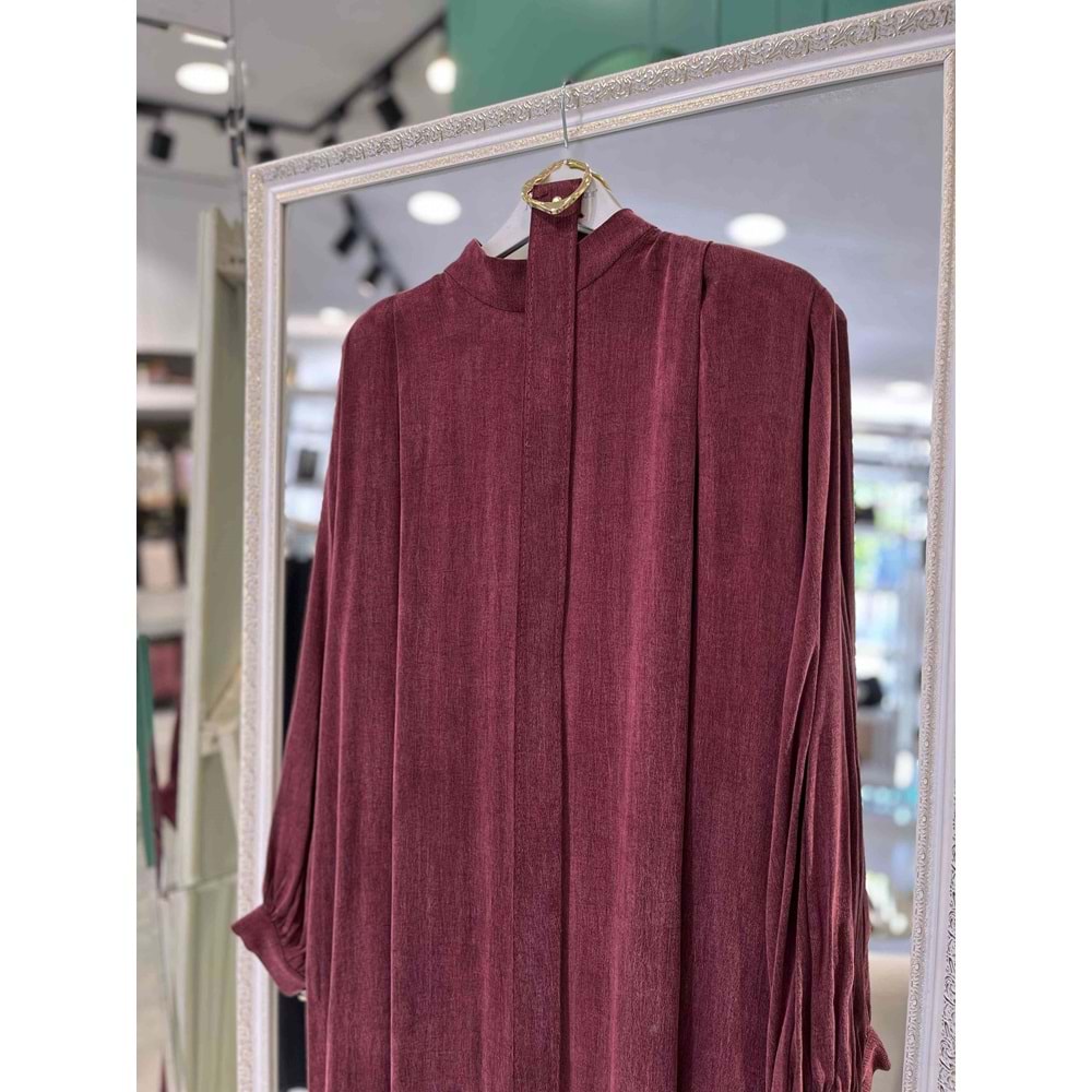 PUANE İPEK CUPRA ELBİSE VATKA DETAYLI 12598 - BORDO - XL