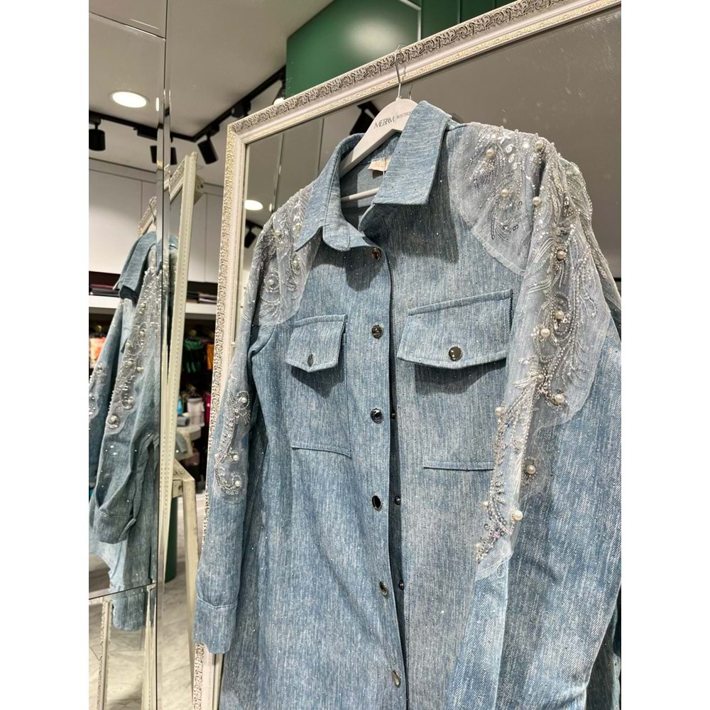 SELİNADA OMUZ İŞLEMELİ KOT CEKET - AÇIK MAVİ - 40