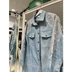 SELİNADA OMUZ İŞLEMELİ KOT CEKET - AÇIK MAVİ - 40