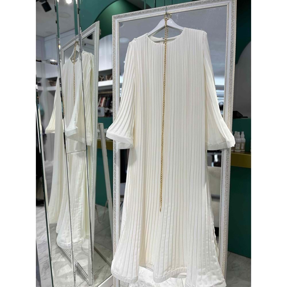 ADN PİLİSELİ ŞİFON ELBİSE - BEYAZ - 2