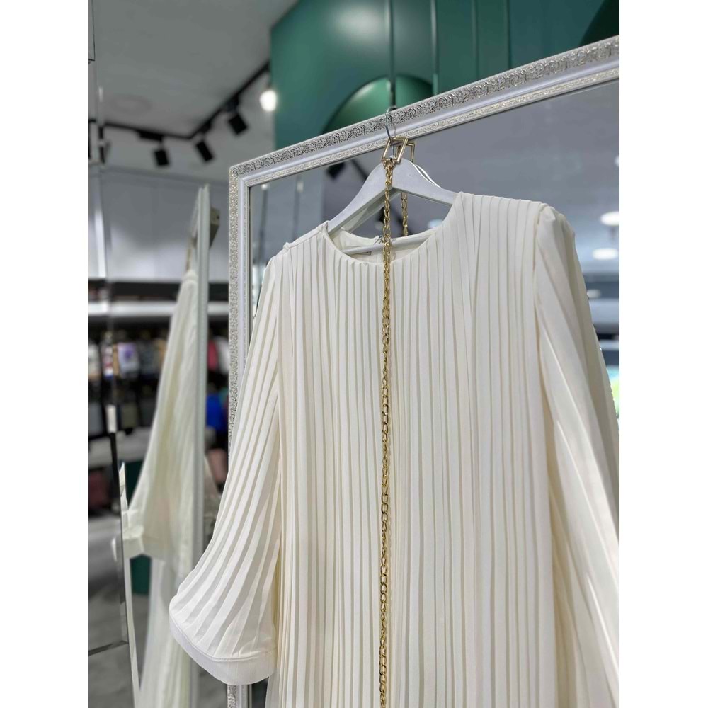 ADN PİLİSELİ ŞİFON ELBİSE - BEYAZ - 2