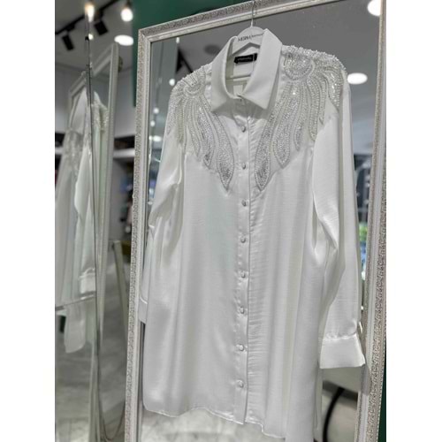 SELİNADA SATEN TUNİK ÇİFT OMUZ BONCUKLU 3155 - BEYAZ - 42