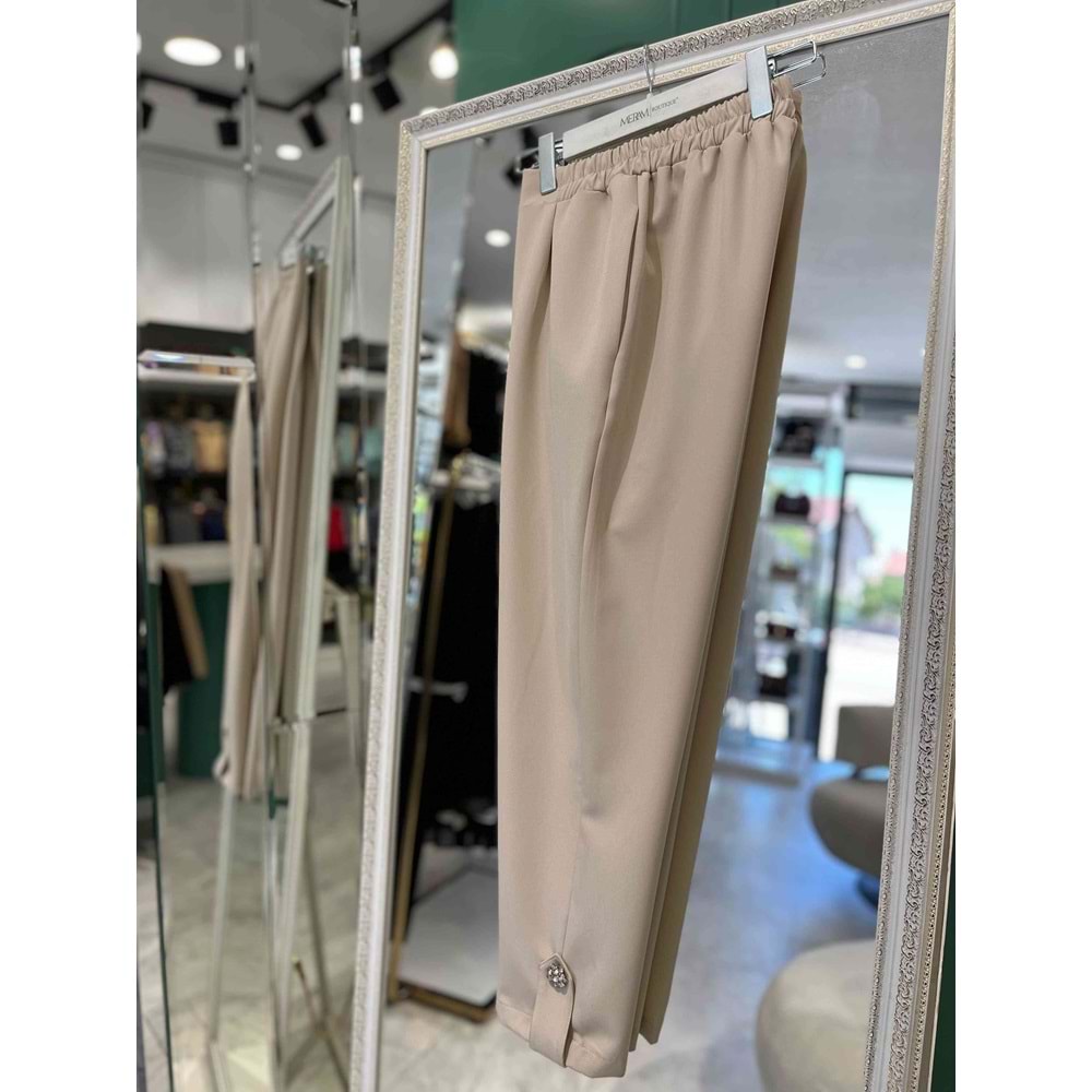 MISSEMRAMISS KUMAŞ PANTOLON PAÇA TAŞ DETAYLI - BEJ - 38