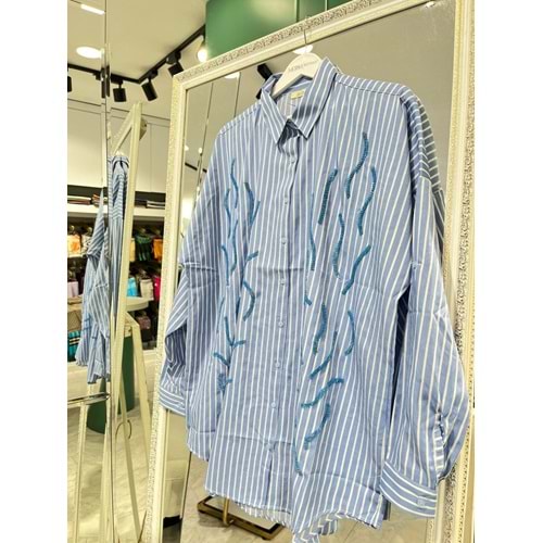 ADN ÇİZGİLİ POPLİN GÖMLEK - MAVİ - 3