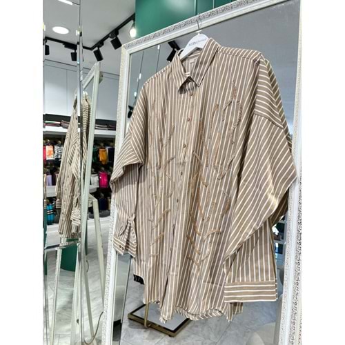 ADN ÇİZGİLİ POPLİN GÖMLEK - CAMEL - 1