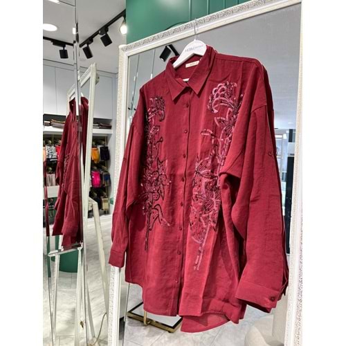 ADN İŞLEMELİ GÖMLEK KETEN KARIŞIMLI - BORDO - 2