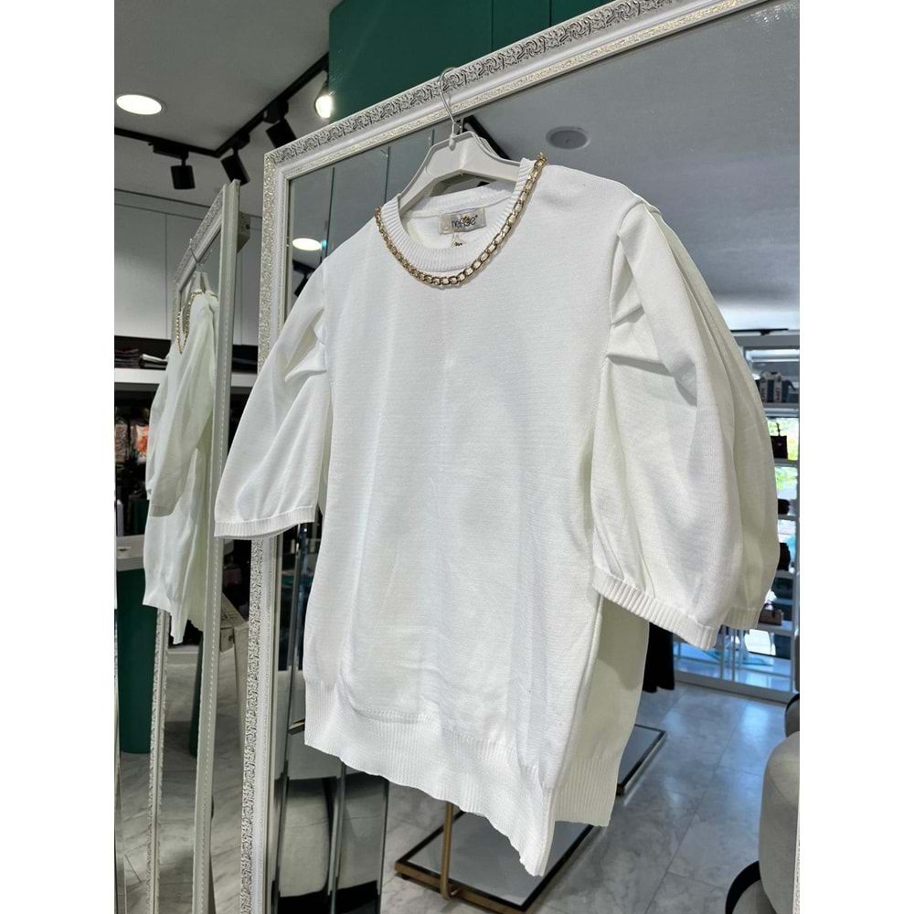 NEFİSE KISA KOLLU TRİKO İÇLİK ZİNCİR DETAYLI - BEYAZ - STANDART