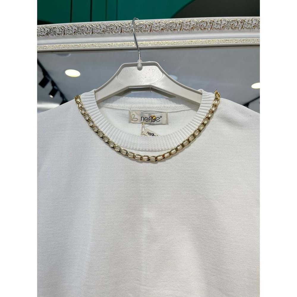 NEFİSE KISA KOLLU TRİKO İÇLİK ZİNCİR DETAYLI - BEYAZ - STANDART