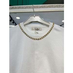 NEFİSE KISA KOLLU TRİKO İÇLİK ZİNCİR DETAYLI - BEYAZ - STANDART