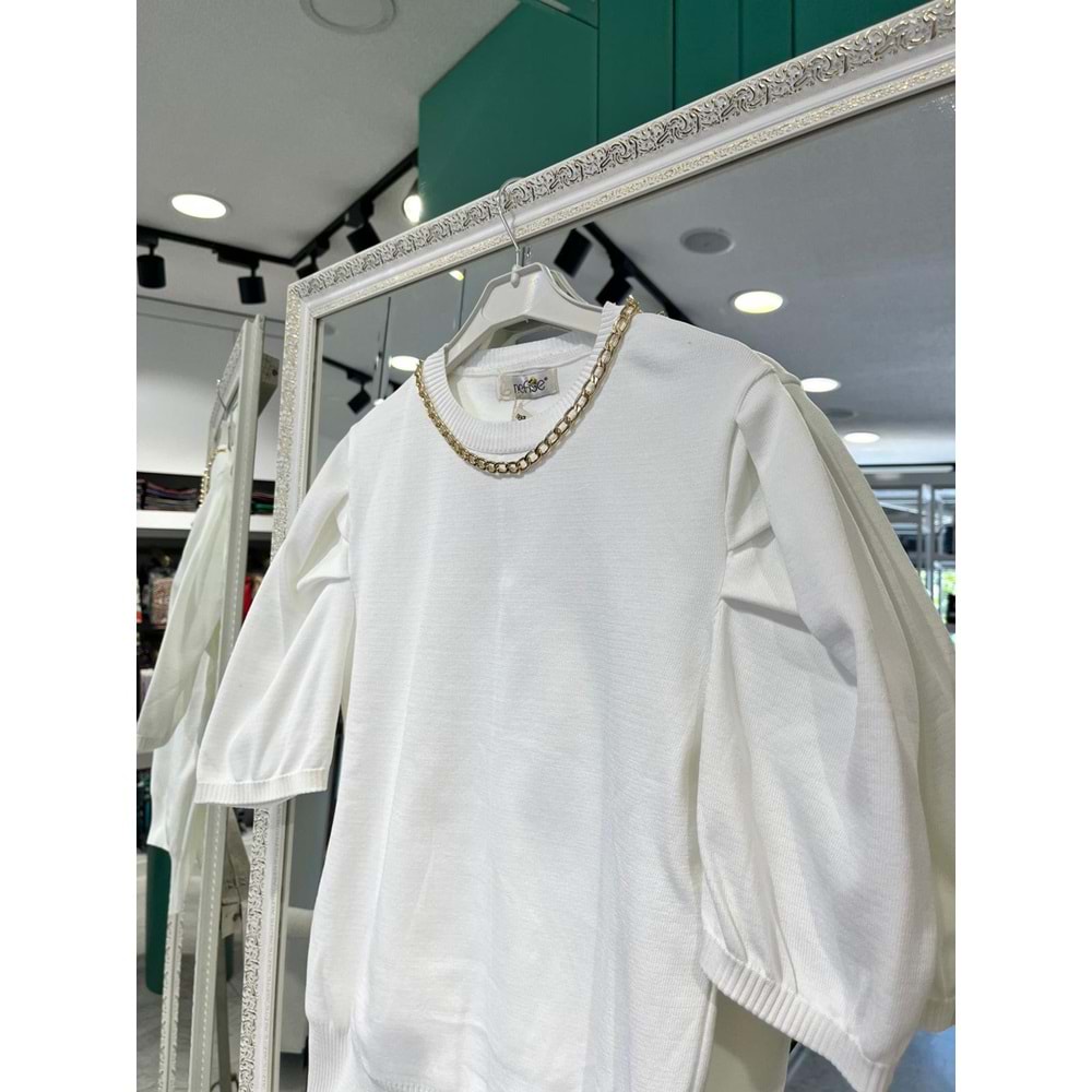 NEFİSE KISA KOLLU TRİKO İÇLİK ZİNCİR DETAYLI - BEYAZ - STANDART