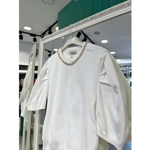 NEFİSE KISA KOLLU TRİKO İÇLİK ZİNCİR DETAYLI - BEYAZ - STANDART