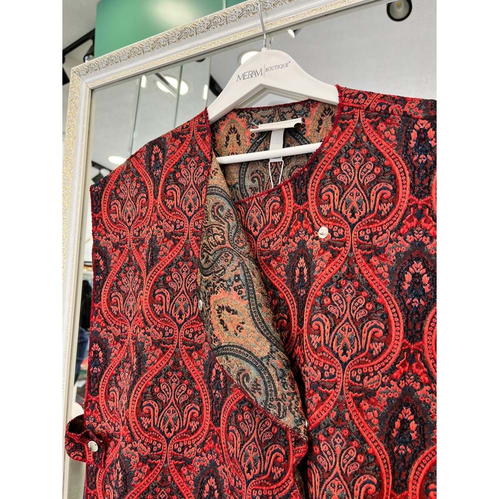 EKRU YELEK ETNİK DESEN - BORDO - L