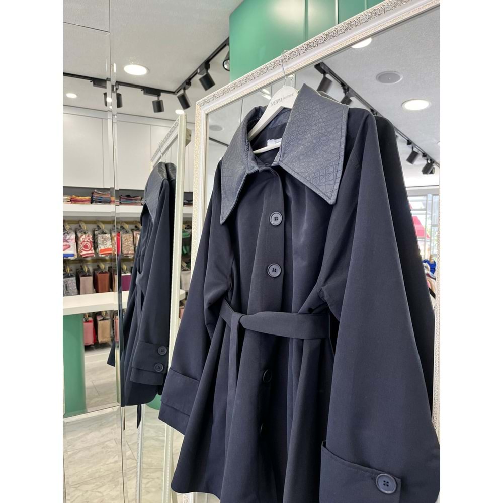 YAKA DERİ DETAYLI SUİT CEKET - LACİVERT - 2 (40-42 BEDEN UYUMLU OVERSİZE)