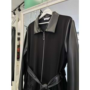 HALE FEUİLLE DERİ DETAYLI CEKET - SİYAH - 1