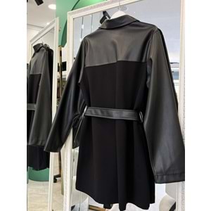 HALE FEUİLLE DERİ DETAYLI CEKET - SİYAH - 1