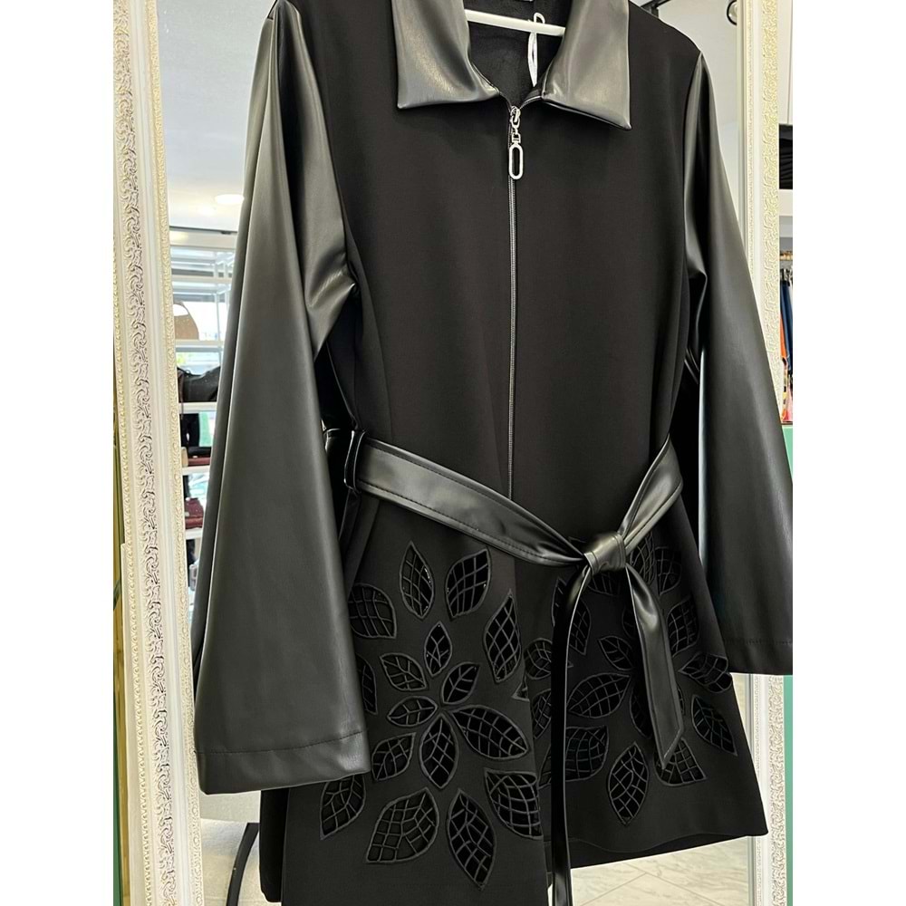 HALE FEUİLLE DERİ DETAYLI CEKET - SİYAH - 2