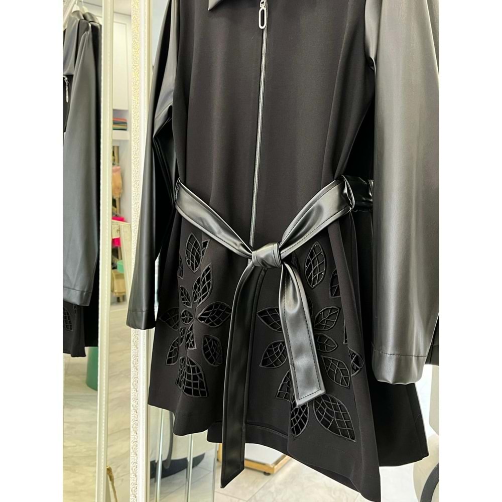 HALE FEUİLLE DERİ DETAYLI CEKET - SİYAH - 2