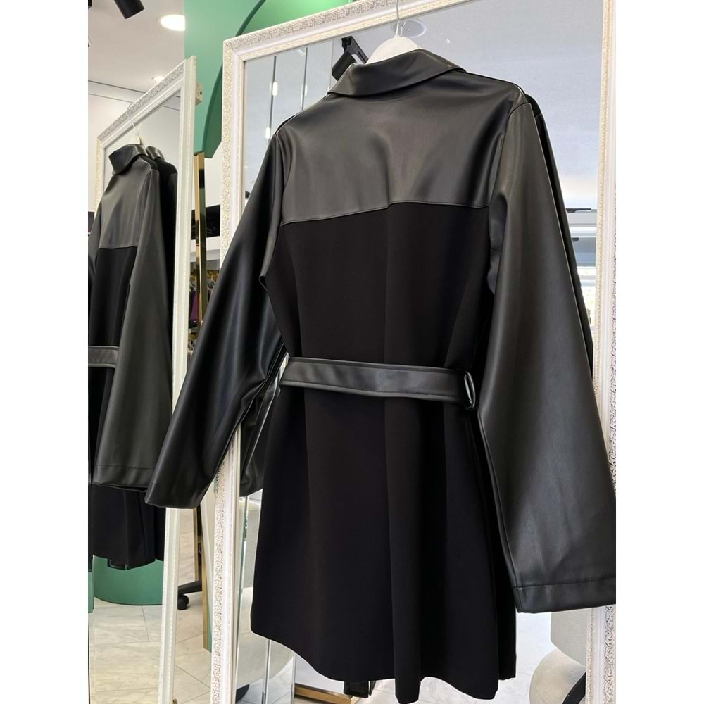 HALE FEUİLLE DERİ DETAYLI CEKET - SİYAH - 2