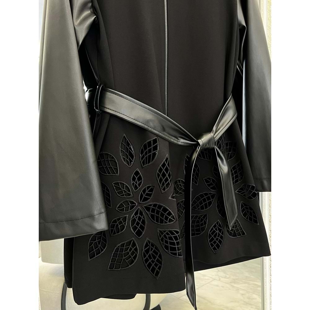 HALE FEUİLLE DERİ DETAYLI CEKET - SİYAH - 3