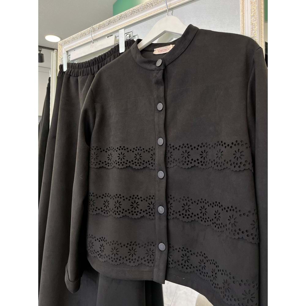 VATKATEX SÜET ETEKLİ TAKIM LAZER KESİM - SİYAH - 42