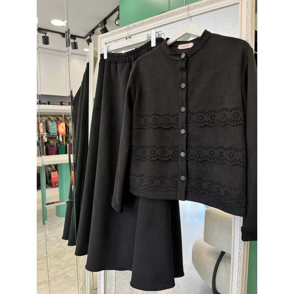 VATKATEX SÜET ETEKLİ TAKIM LAZER KESİM - SİYAH - 44