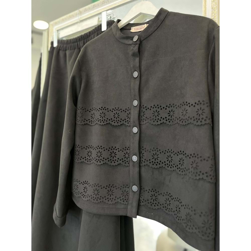 VATKATEX SÜET ETEKLİ TAKIM LAZER KESİM - SİYAH - 44