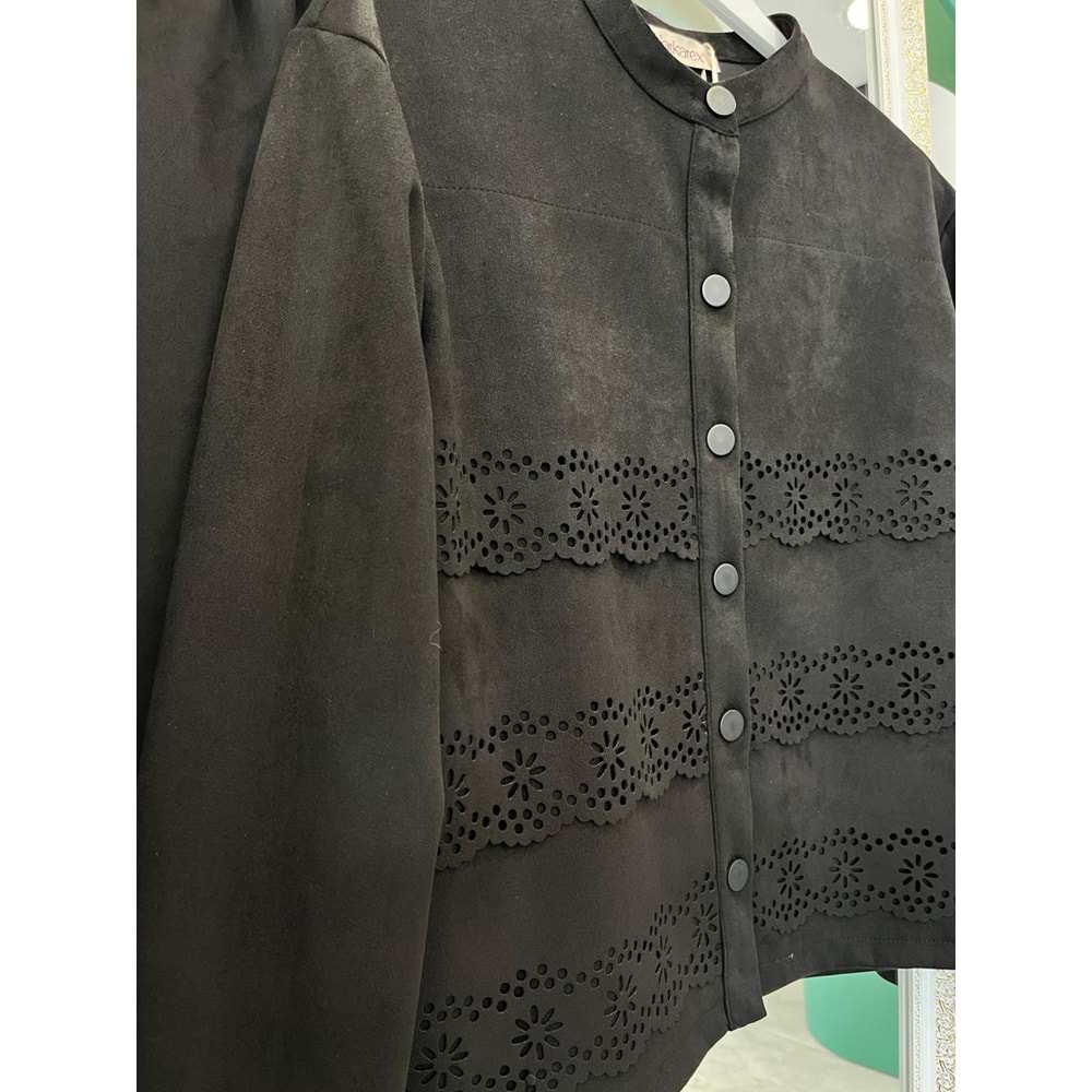 VATKATEX SÜET ETEKLİ TAKIM LAZER KESİM - SİYAH - 44