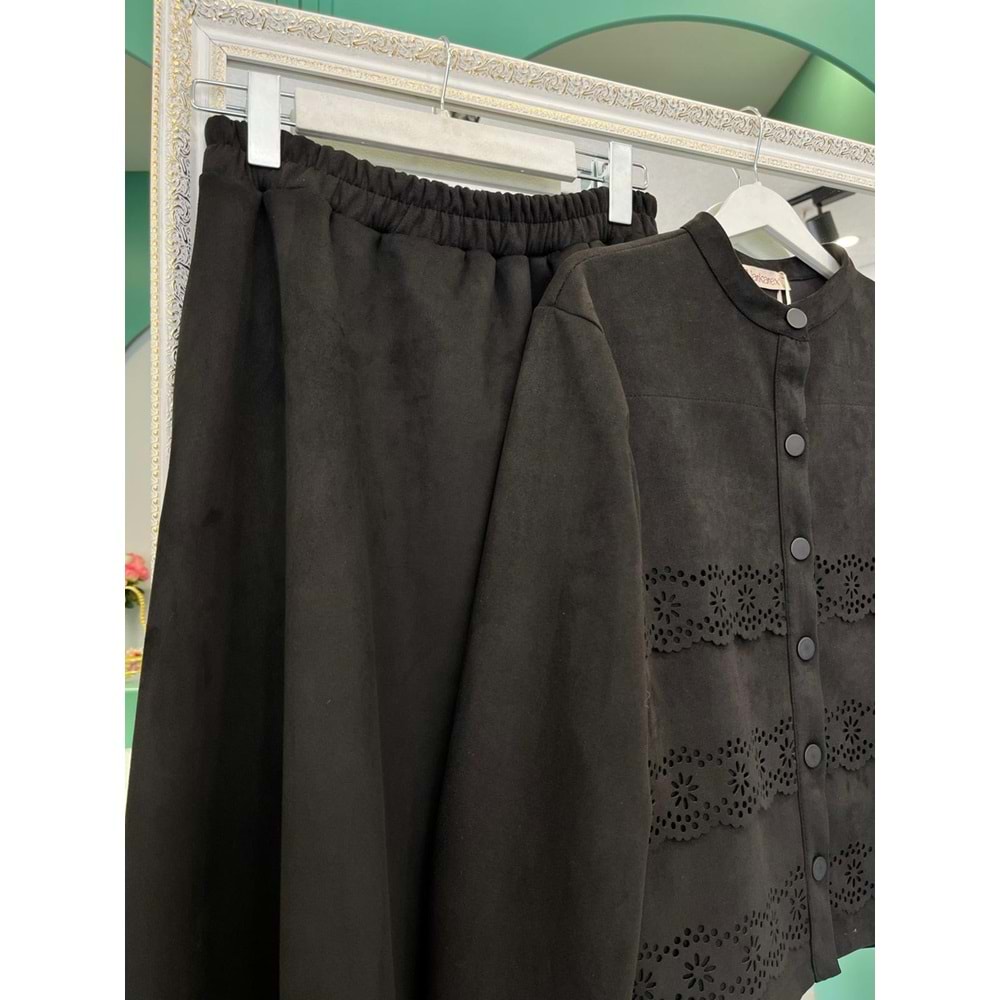 VATKATEX SÜET ETEKLİ TAKIM LAZER KESİM - SİYAH - 46