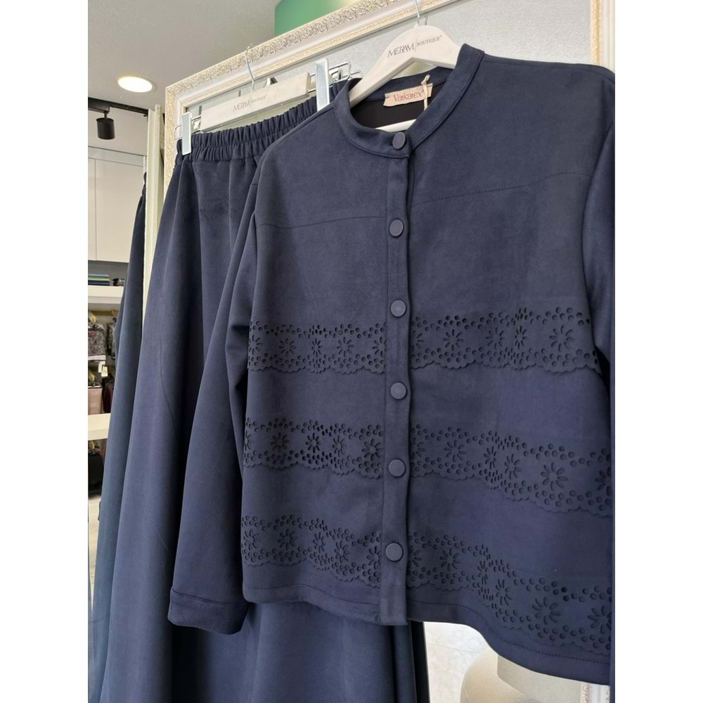 VATKATEX SÜET ETEKLİ TAKIM LAZER KESİM - LACİVERT - 38