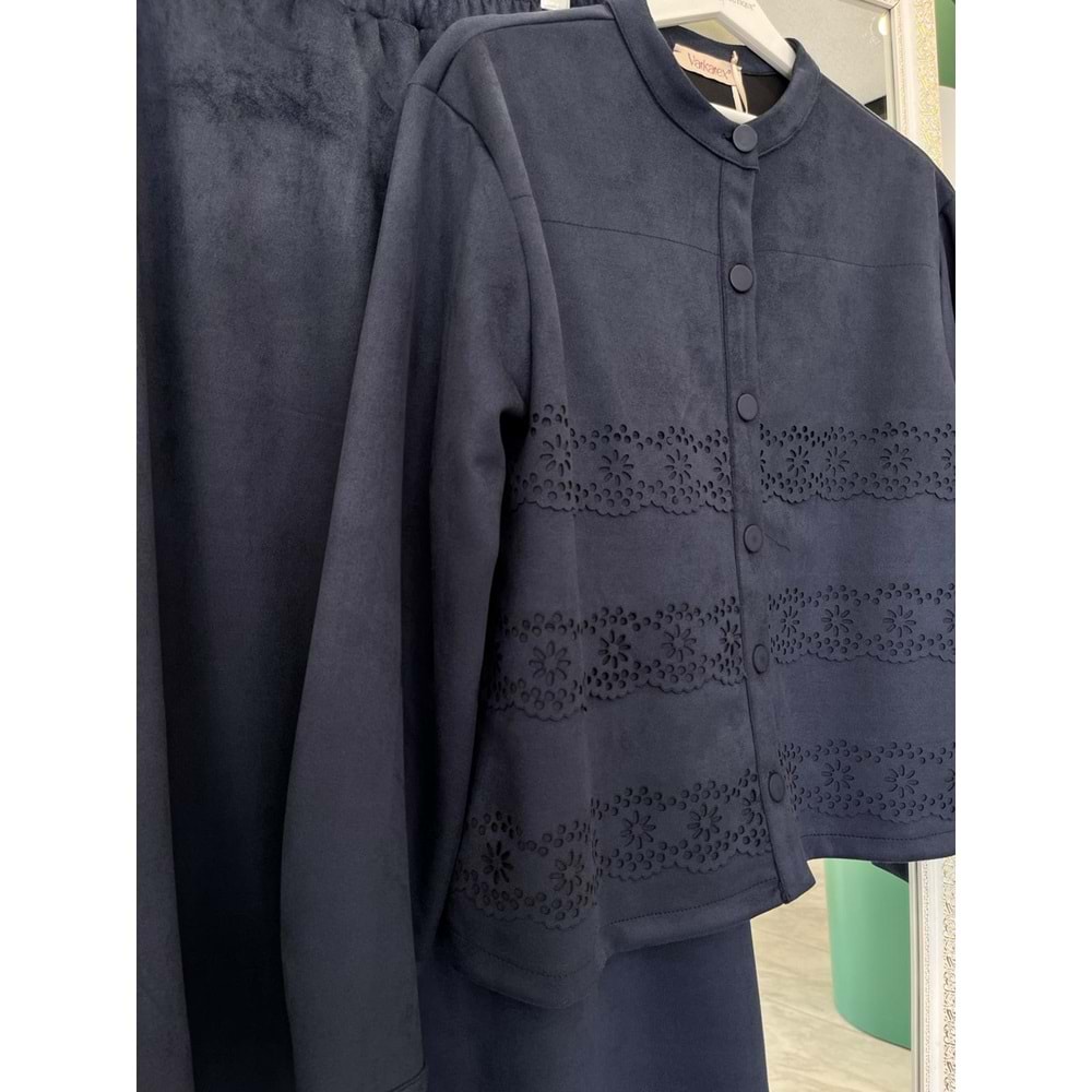 VATKATEX SÜET ETEKLİ TAKIM LAZER KESİM - LACİVERT - 38