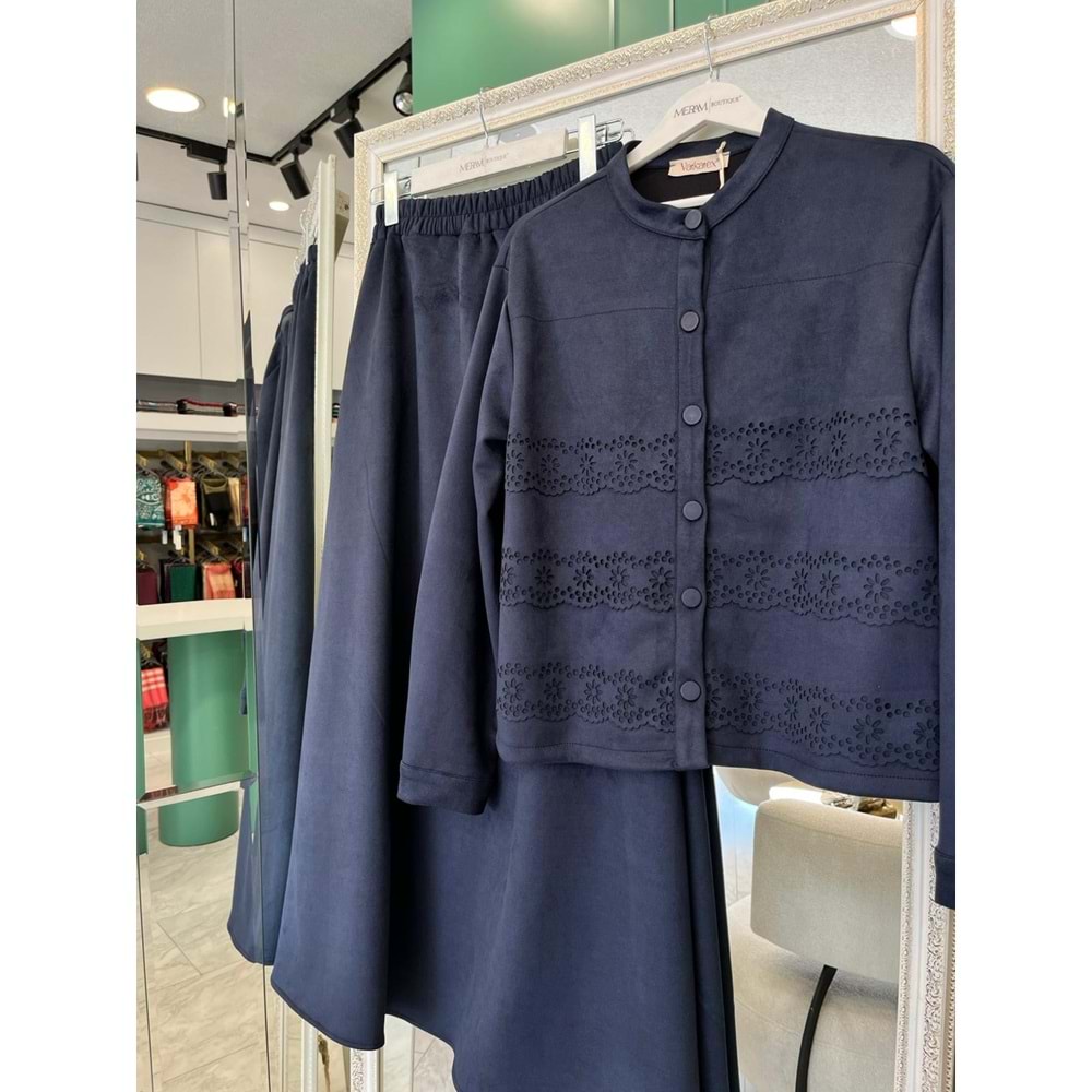 VATKATEX SÜET ETEKLİ TAKIM LAZER KESİM - LACİVERT - 46