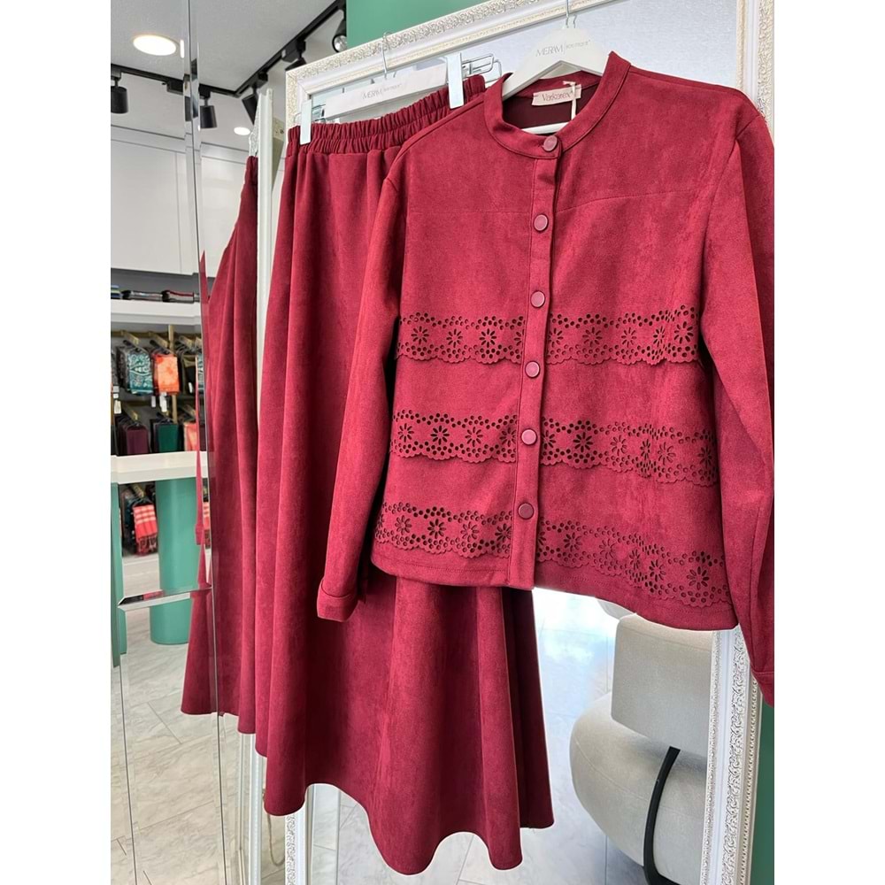 VATKATEX SÜET ETEKLİ TAKIM LAZER KESİM - BORDO - 42