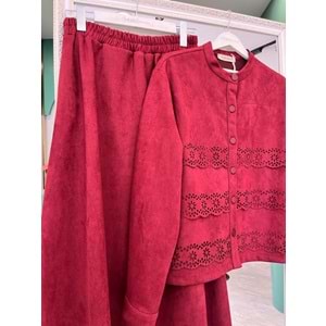 VATKATEX SÜET ETEKLİ TAKIM LAZER KESİM - BORDO - 44