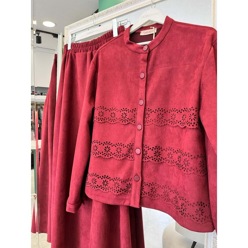 VATKATEX SÜET ETEKLİ TAKIM LAZER KESİM - BORDO - 46
