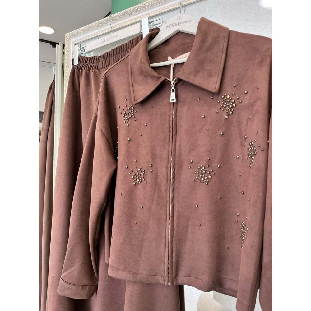 VATKATEX SÜET ETEKLİ TAKIM TAŞLI - KAHVERENGİ - 46