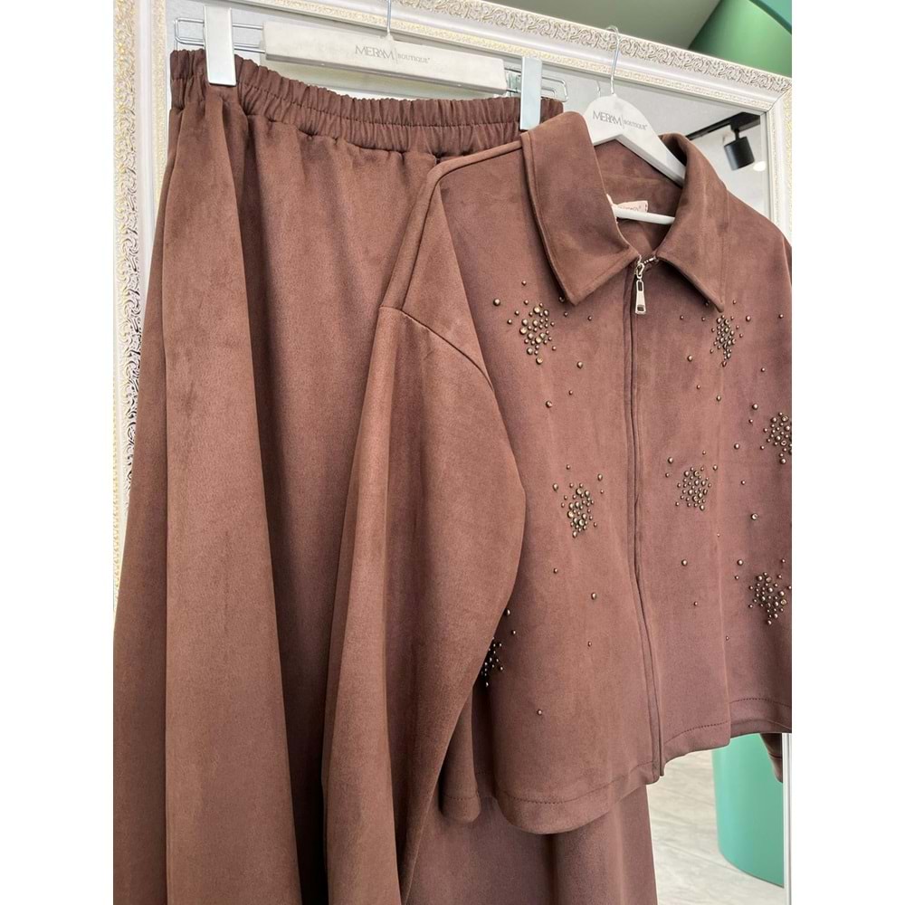 VATKATEX SÜET ETEKLİ TAKIM TAŞLI - KAHVERENGİ - 46