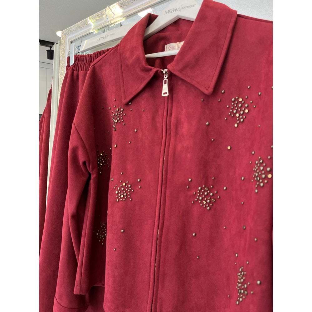 VATKATEX SÜET ETEKLİ TAKIM TAŞLI - BORDO - 40