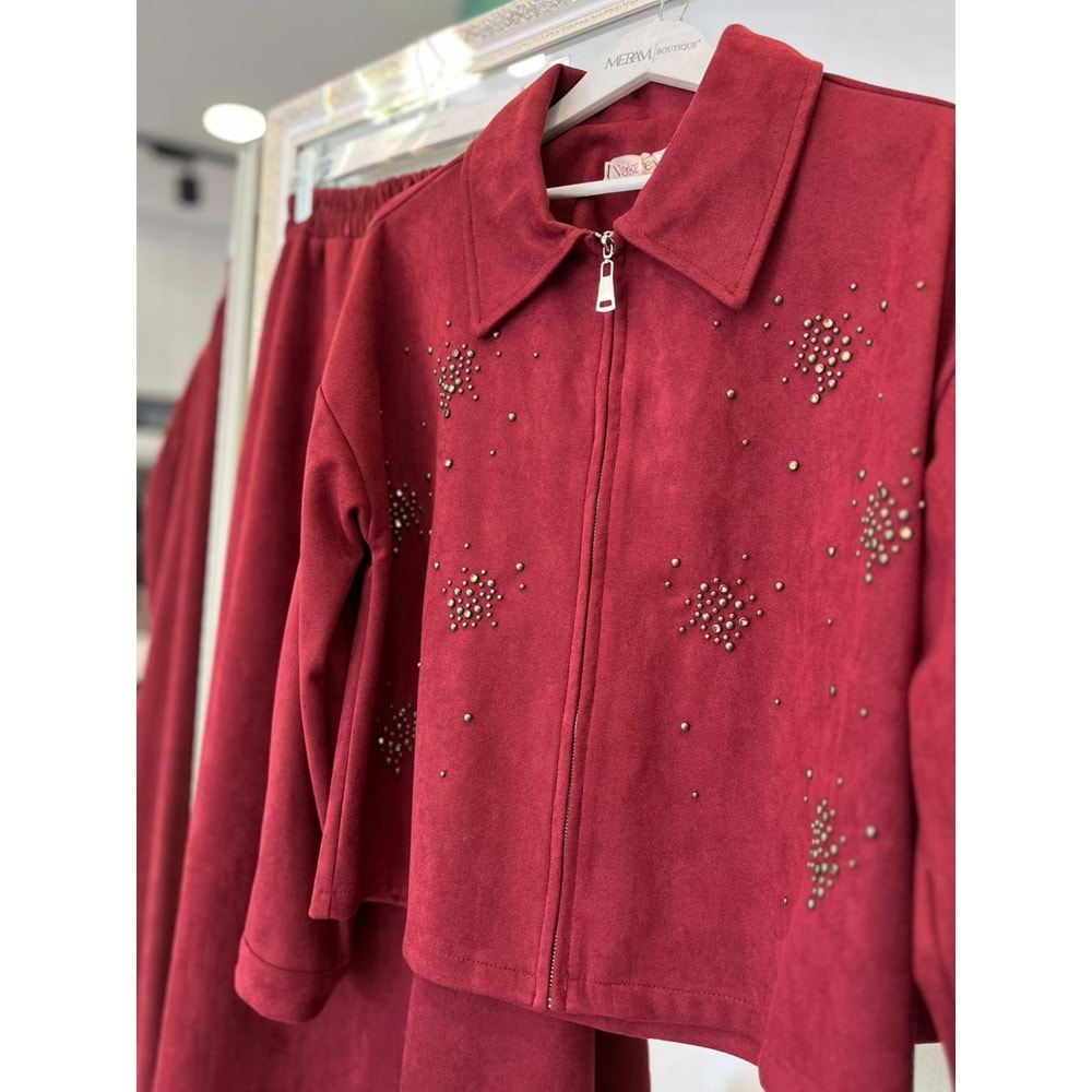 VATKATEX SÜET ETEKLİ TAKIM TAŞLI - BORDO - 42