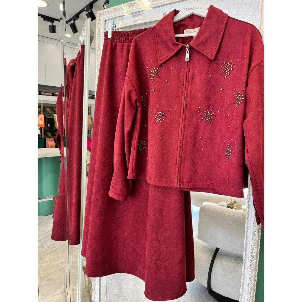 VATKATEX SÜET ETEKLİ TAKIM TAŞLI - BORDO - 44