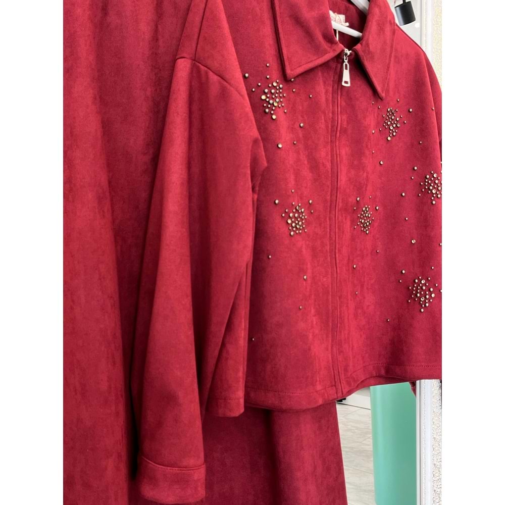 VATKATEX SÜET ETEKLİ TAKIM TAŞLI - BORDO - 44