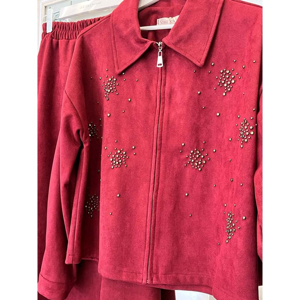 VATKATEX SÜET ETEKLİ TAKIM TAŞLI - BORDO - 46