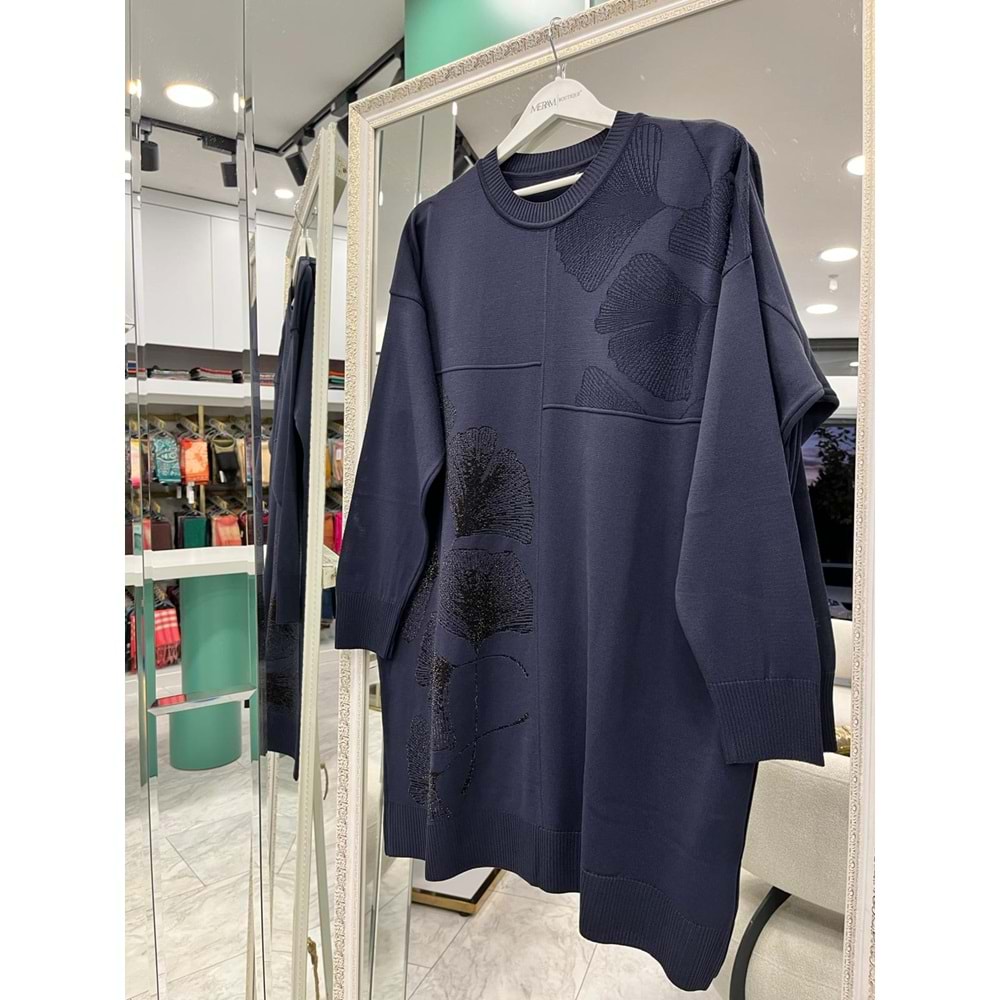 ADN MERSERİZE TUNİK ÇİÇEKLİ SİMLİ - LACİVERT - 2